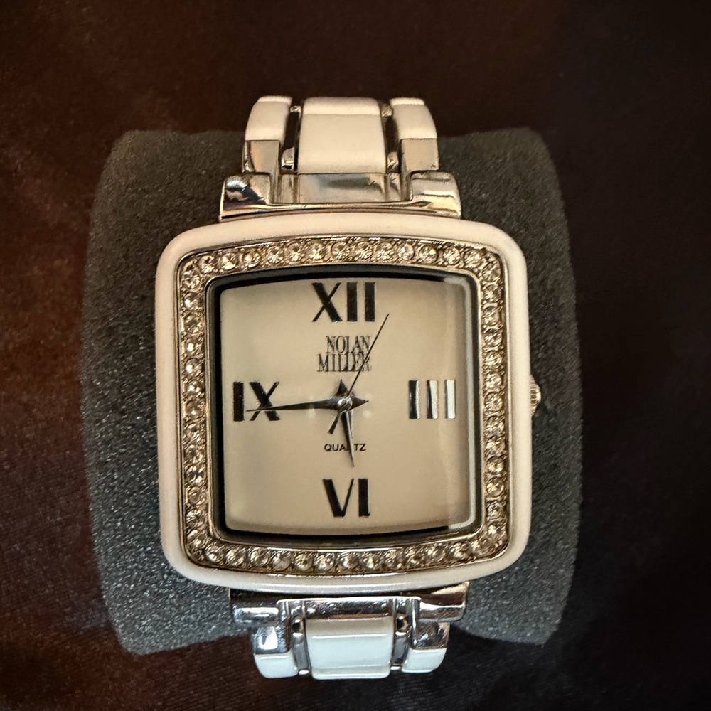 Nolan Miller White and Silver Crystal-Trim Square Women's Watch